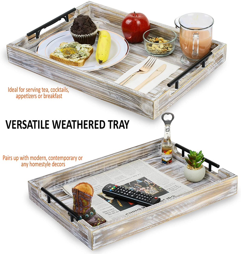 Ottoman Serving Tray - Rustic Farmhouse Décor; Lightweight with Metal Handles